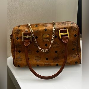 MCM Cognac Visetos Satchel with Gold Hardware and Brown Handles